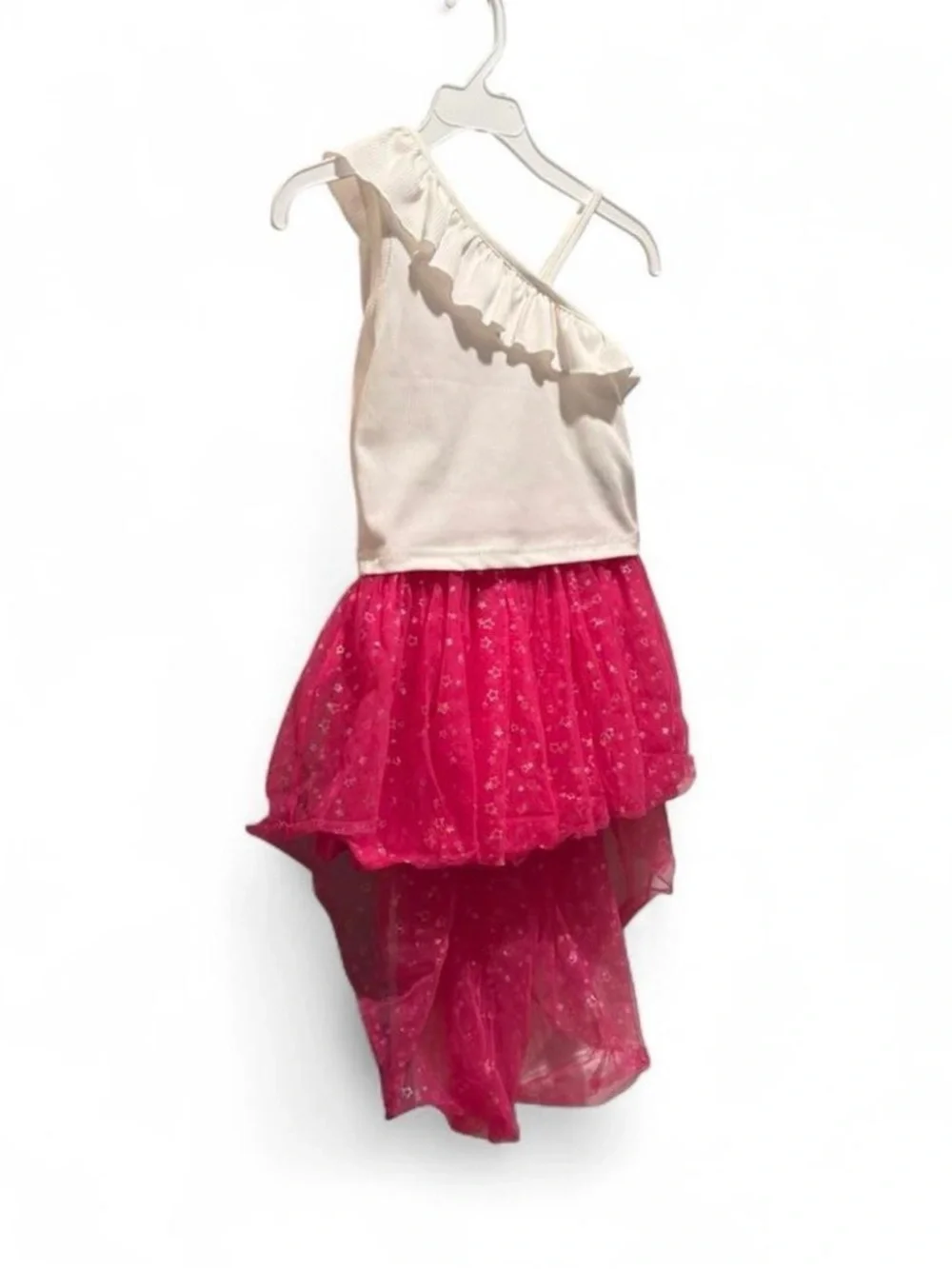 SHEIN White One-Shoulder Top with Hot Pink Tulle High-Low Skirt